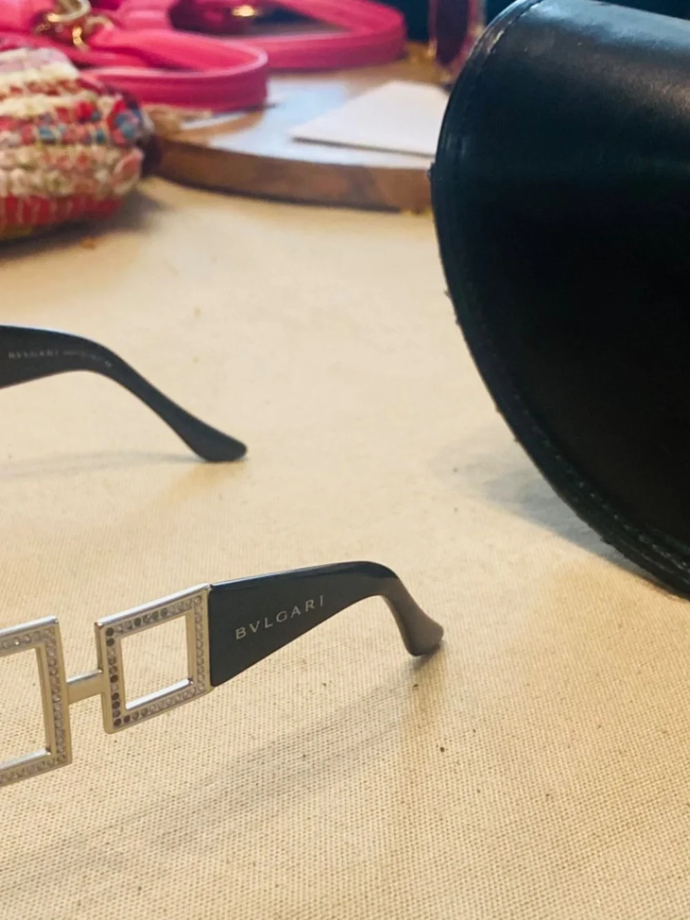 VINTAGE BVLGARI BLACK SHIELD RHINESTONE SUNGLASSES
